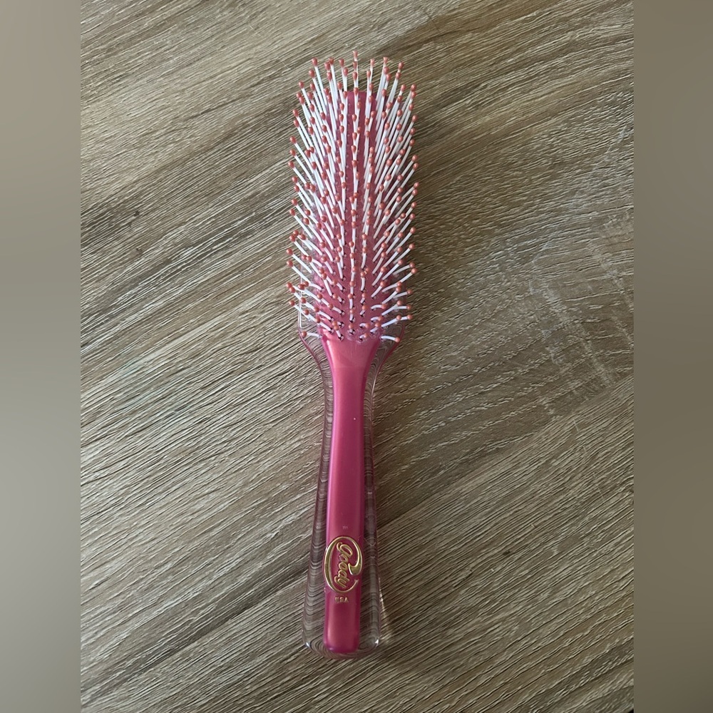Vintage Goody Dk Pink/Clear Plastic Hair Brush W/Ball Tips~Made In USA 8 1/2”